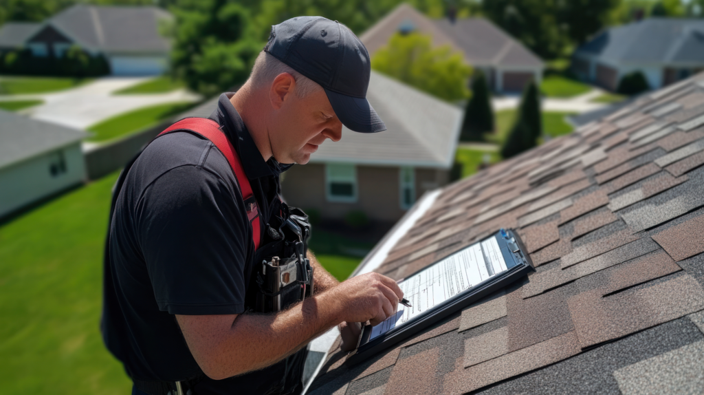 Roofing contractor performing a residential roof inspection to check for damage and wear