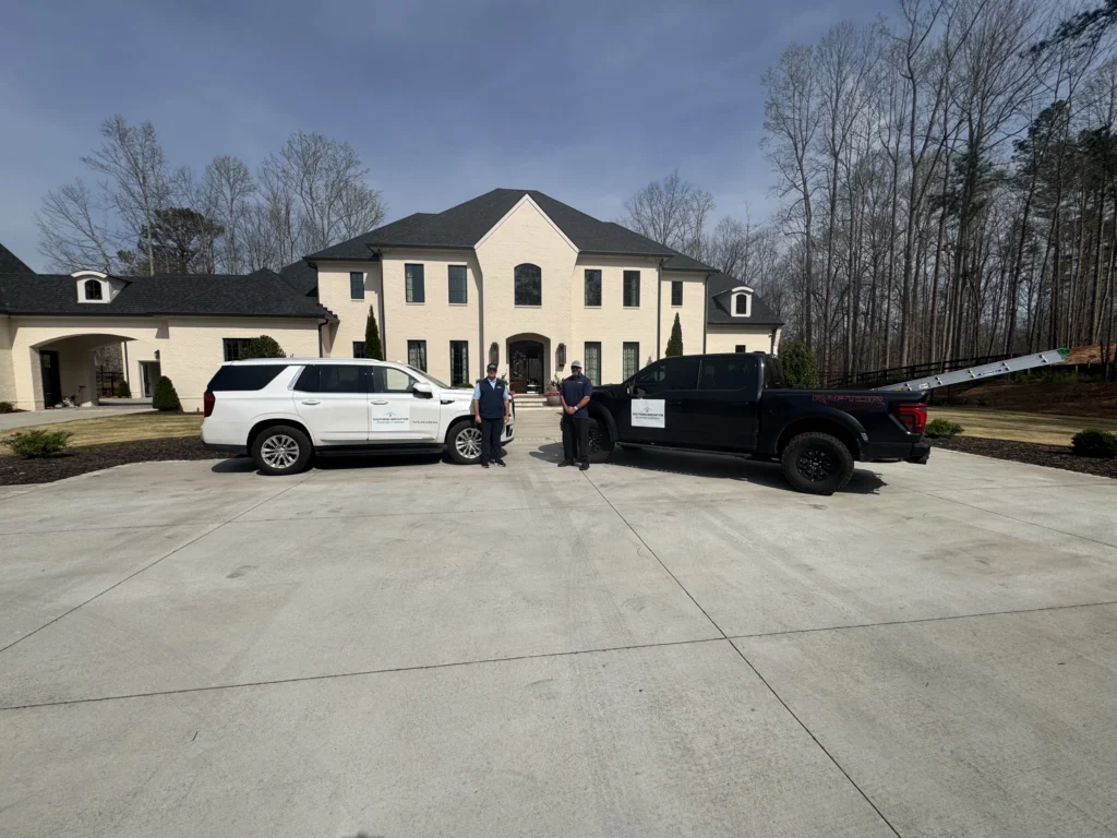 Brandon and Lance standing with company trucks representing the roofing team